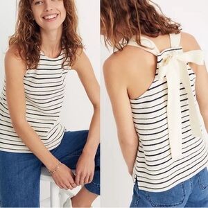 Madewell Cotton Tie Top-  S Cream , navy striped.  Back bow.  Swing fit